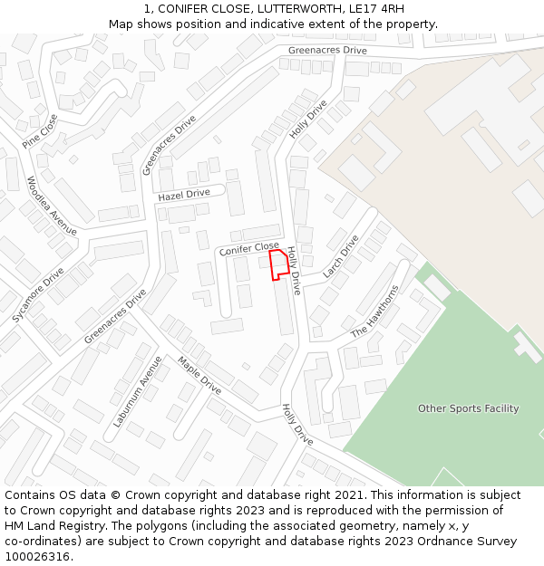 1, CONIFER CLOSE, LUTTERWORTH, LE17 4RH: Location map and indicative extent of plot