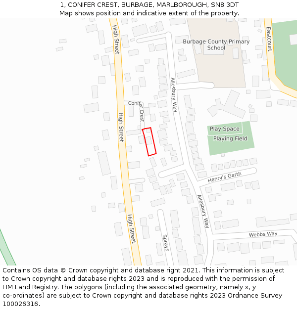 1, CONIFER CREST, BURBAGE, MARLBOROUGH, SN8 3DT: Location map and indicative extent of plot