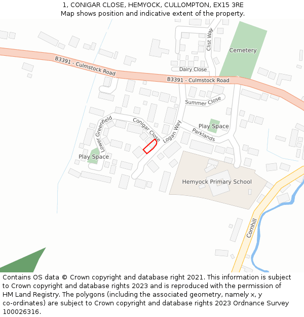 1, CONIGAR CLOSE, HEMYOCK, CULLOMPTON, EX15 3RE: Location map and indicative extent of plot