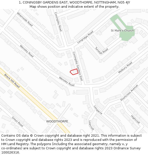 1, CONINGSBY GARDENS EAST, WOODTHORPE, NOTTINGHAM, NG5 4JY: Location map and indicative extent of plot