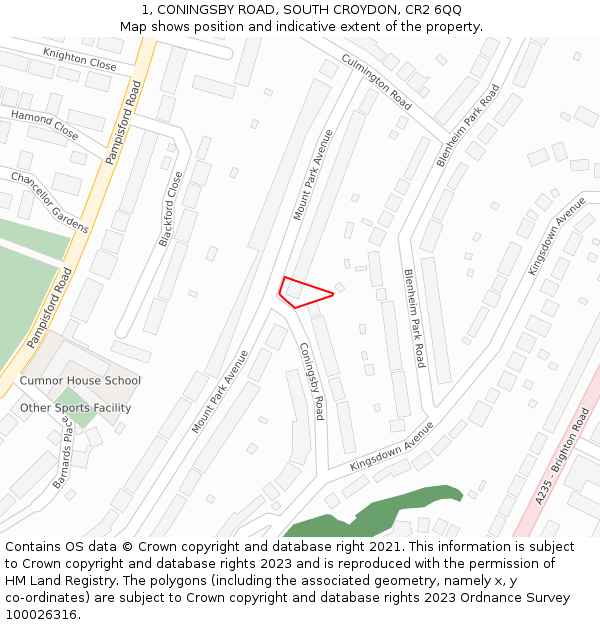 1, CONINGSBY ROAD, SOUTH CROYDON, CR2 6QQ: Location map and indicative extent of plot