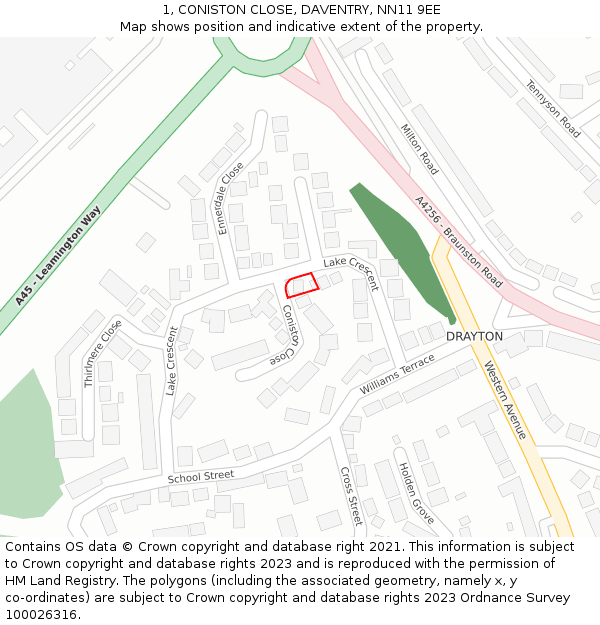 1, CONISTON CLOSE, DAVENTRY, NN11 9EE: Location map and indicative extent of plot
