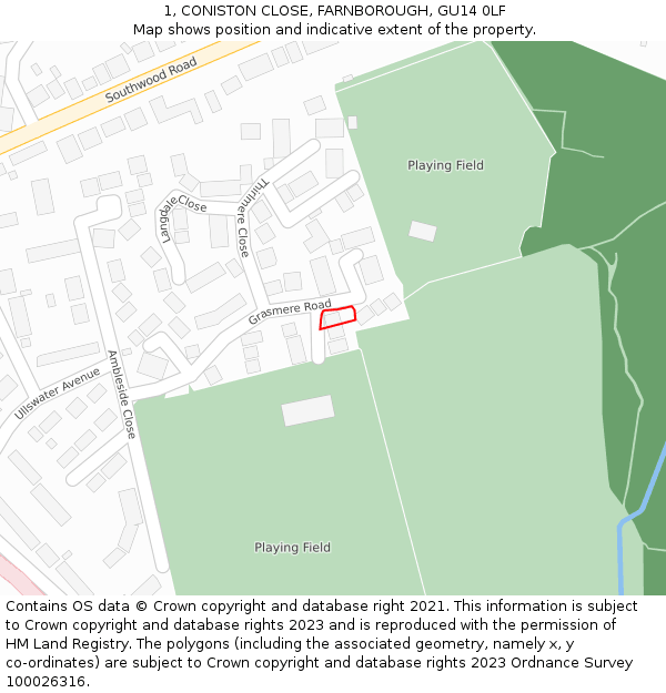 1, CONISTON CLOSE, FARNBOROUGH, GU14 0LF: Location map and indicative extent of plot