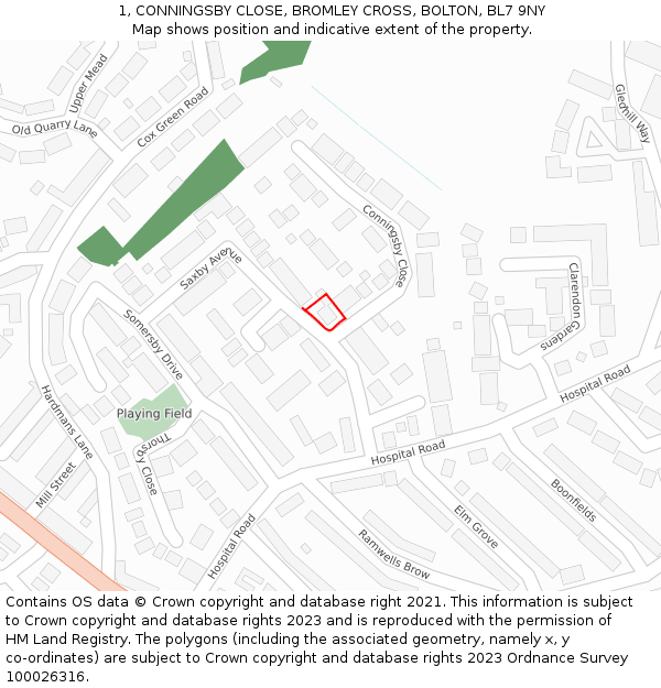 1, CONNINGSBY CLOSE, BROMLEY CROSS, BOLTON, BL7 9NY: Location map and indicative extent of plot