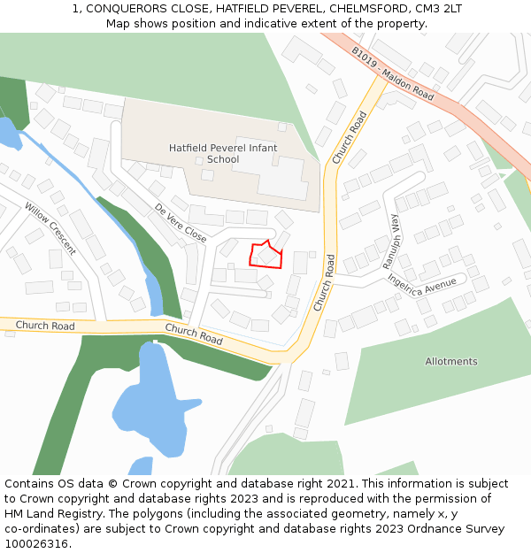 1, CONQUERORS CLOSE, HATFIELD PEVEREL, CHELMSFORD, CM3 2LT: Location map and indicative extent of plot