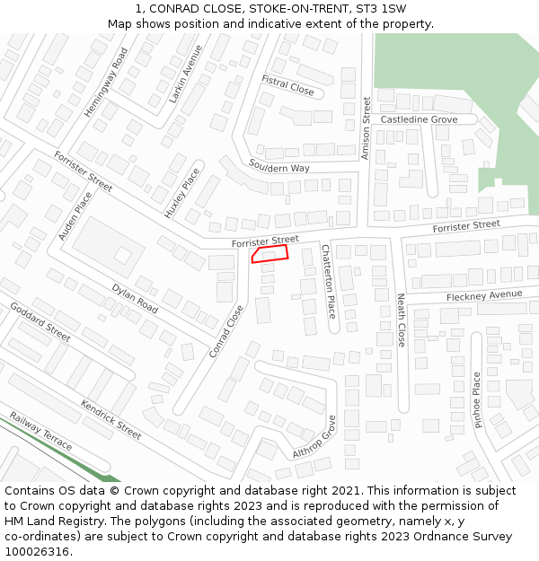 1, CONRAD CLOSE, STOKE-ON-TRENT, ST3 1SW: Location map and indicative extent of plot