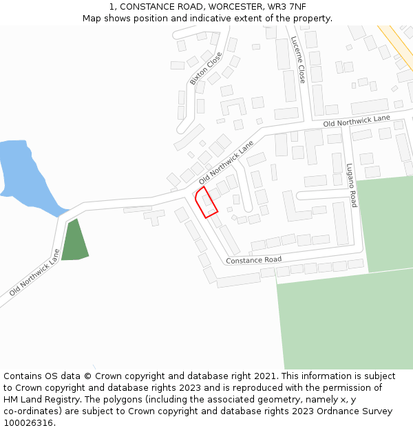 1, CONSTANCE ROAD, WORCESTER, WR3 7NF: Location map and indicative extent of plot