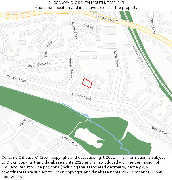 1, CONWAY CLOSE, FALMOUTH, TR11 4LB: Location map and indicative extent of plot