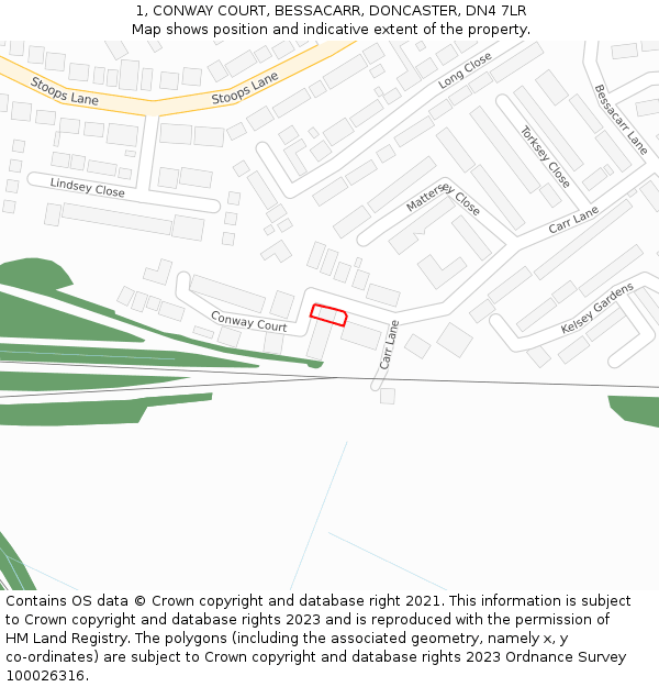 1, CONWAY COURT, BESSACARR, DONCASTER, DN4 7LR: Location map and indicative extent of plot