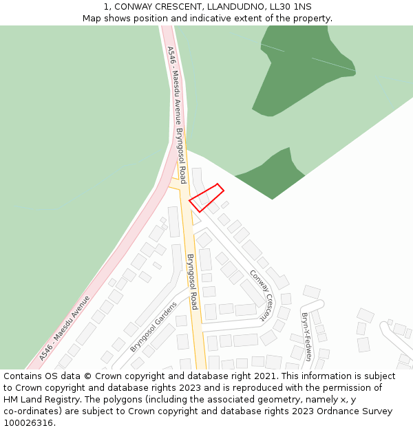 1, CONWAY CRESCENT, LLANDUDNO, LL30 1NS: Location map and indicative extent of plot