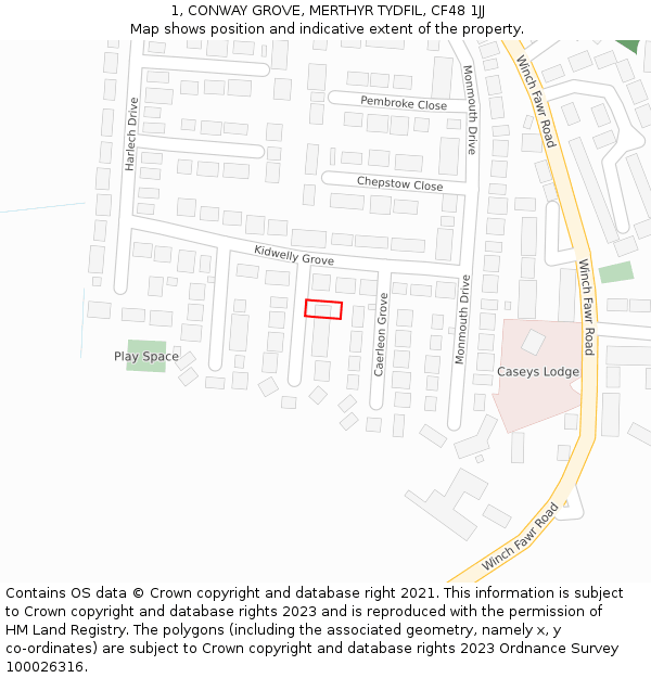 1, CONWAY GROVE, MERTHYR TYDFIL, CF48 1JJ: Location map and indicative extent of plot
