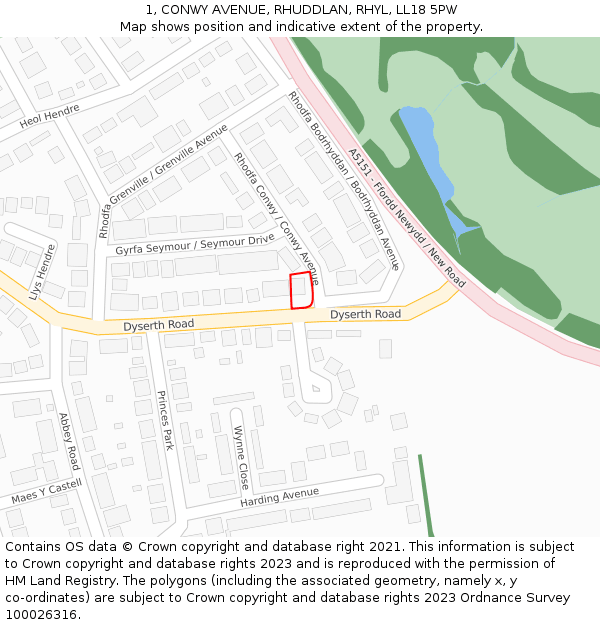 1, CONWY AVENUE, RHUDDLAN, RHYL, LL18 5PW: Location map and indicative extent of plot