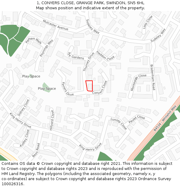 1, CONYERS CLOSE, GRANGE PARK, SWINDON, SN5 6HL: Location map and indicative extent of plot