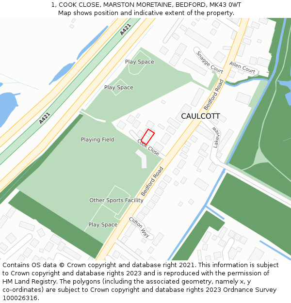 1, COOK CLOSE, MARSTON MORETAINE, BEDFORD, MK43 0WT: Location map and indicative extent of plot