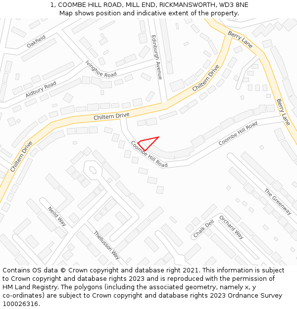 1, COOMBE HILL ROAD, MILL END, RICKMANSWORTH, WD3 8NE: Location map and indicative extent of plot