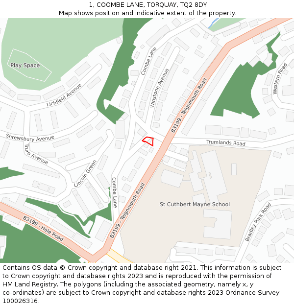 1, COOMBE LANE, TORQUAY, TQ2 8DY: Location map and indicative extent of plot