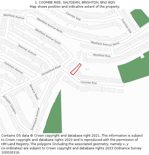 1, COOMBE RISE, SALTDEAN, BRIGHTON, BN2 8QN: Location map and indicative extent of plot