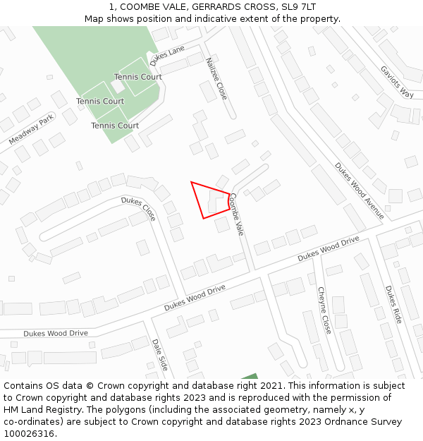 1, COOMBE VALE, GERRARDS CROSS, SL9 7LT: Location map and indicative extent of plot