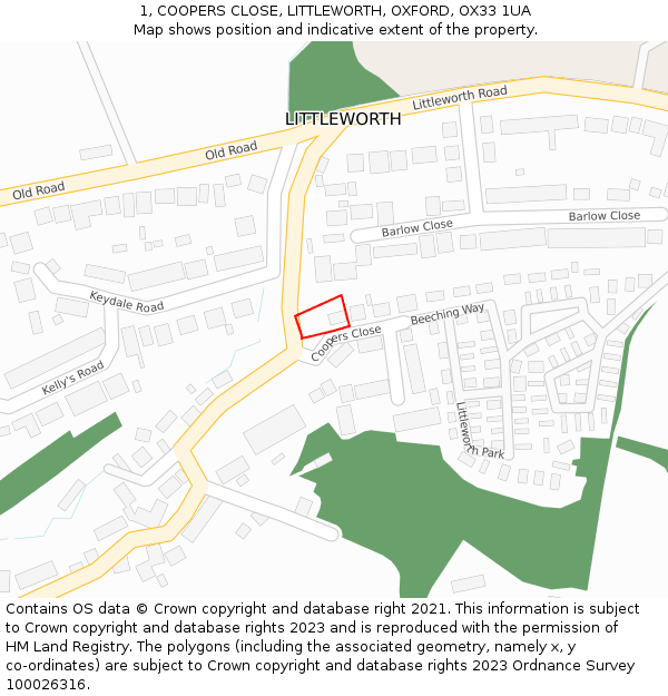 1, COOPERS CLOSE, LITTLEWORTH, OXFORD, OX33 1UA: Location map and indicative extent of plot