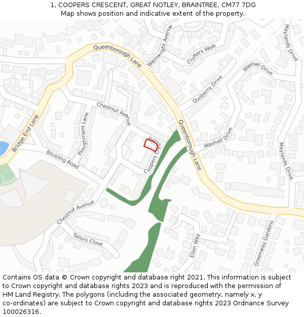 1, COOPERS CRESCENT, GREAT NOTLEY, BRAINTREE, CM77 7DG: Location map and indicative extent of plot