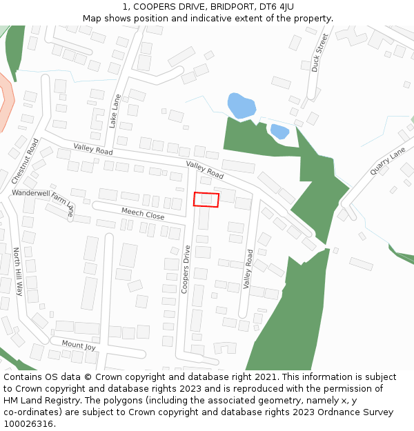 1, COOPERS DRIVE, BRIDPORT, DT6 4JU: Location map and indicative extent of plot