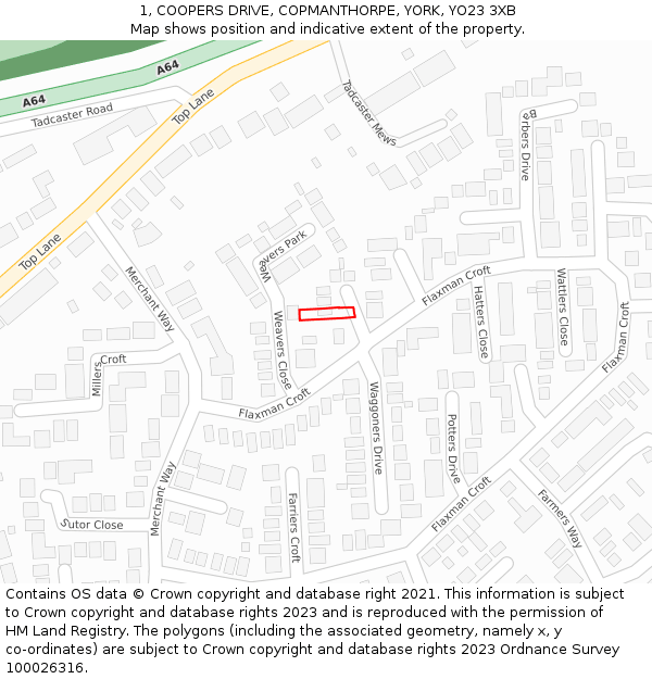 1, COOPERS DRIVE, COPMANTHORPE, YORK, YO23 3XB: Location map and indicative extent of plot