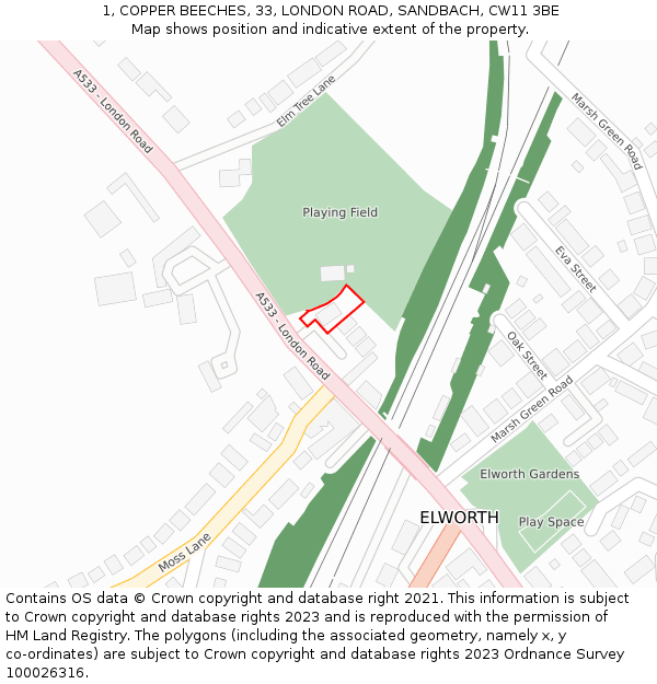 1, COPPER BEECHES, 33, LONDON ROAD, SANDBACH, CW11 3BE: Location map and indicative extent of plot