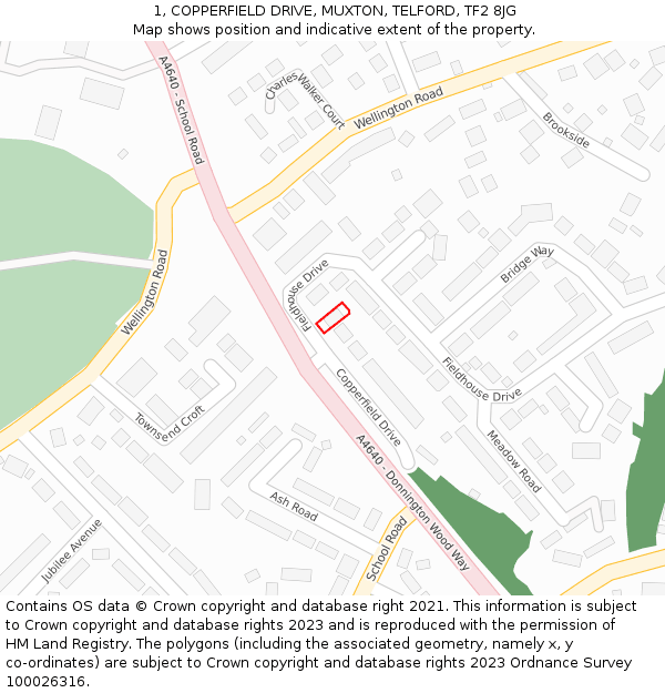 1, COPPERFIELD DRIVE, MUXTON, TELFORD, TF2 8JG: Location map and indicative extent of plot