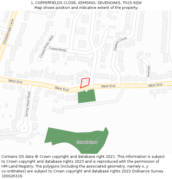 1, COPPERFIELDS CLOSE, KEMSING, SEVENOAKS, TN15 6QW: Location map and indicative extent of plot