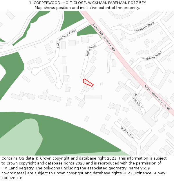 1, COPPERWOOD, HOLT CLOSE, WICKHAM, FAREHAM, PO17 5EY: Location map and indicative extent of plot