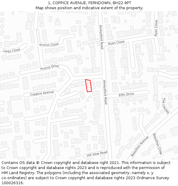 1, COPPICE AVENUE, FERNDOWN, BH22 9PT: Location map and indicative extent of plot