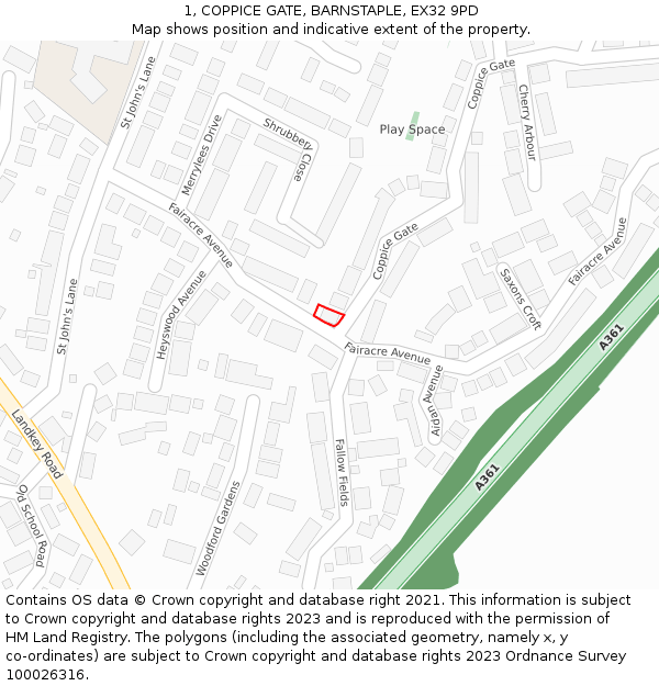 1, COPPICE GATE, BARNSTAPLE, EX32 9PD: Location map and indicative extent of plot