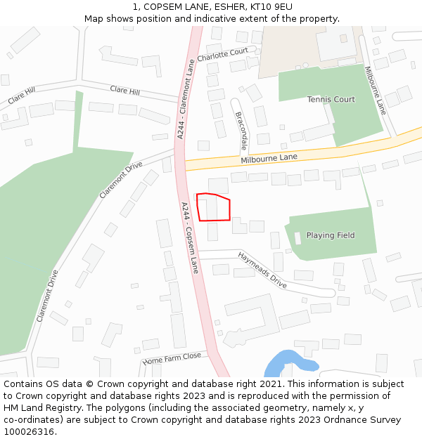 1, COPSEM LANE, ESHER, KT10 9EU: Location map and indicative extent of plot