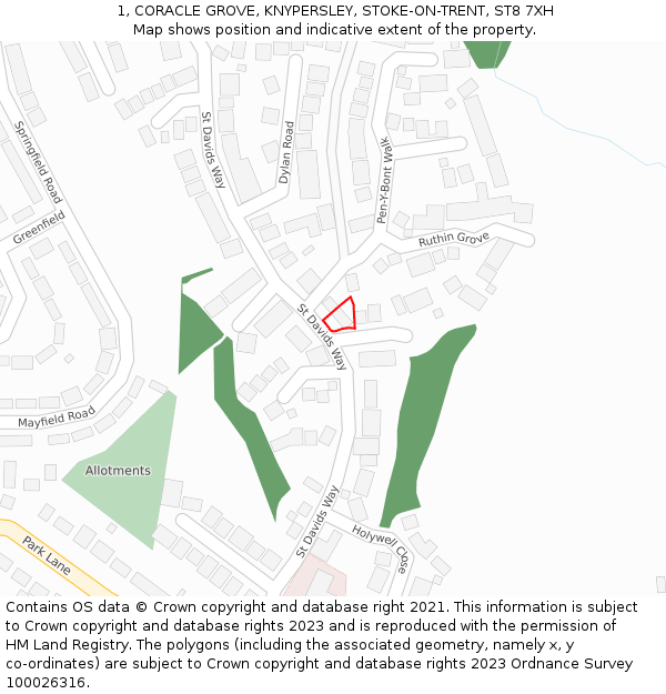 1, CORACLE GROVE, KNYPERSLEY, STOKE-ON-TRENT, ST8 7XH: Location map and indicative extent of plot