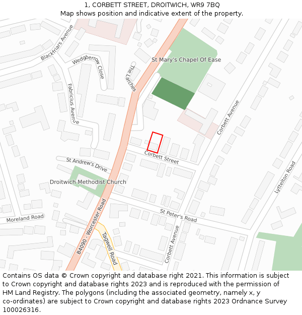 1, CORBETT STREET, DROITWICH, WR9 7BQ: Location map and indicative extent of plot