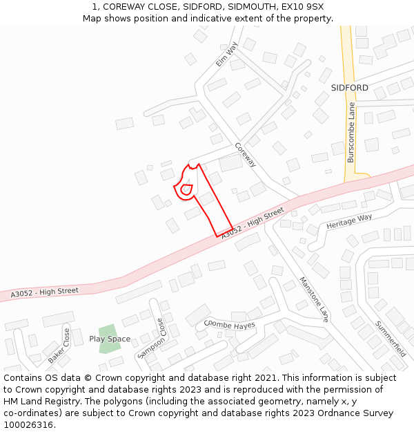1, COREWAY CLOSE, SIDFORD, SIDMOUTH, EX10 9SX: Location map and indicative extent of plot