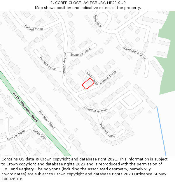 1, CORFE CLOSE, AYLESBURY, HP21 9UP: Location map and indicative extent of plot