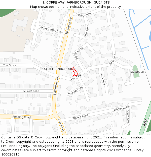 1, CORFE WAY, FARNBOROUGH, GU14 6TS: Location map and indicative extent of plot