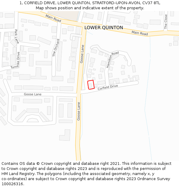 1, CORFIELD DRIVE, LOWER QUINTON, STRATFORD-UPON-AVON, CV37 8TL: Location map and indicative extent of plot