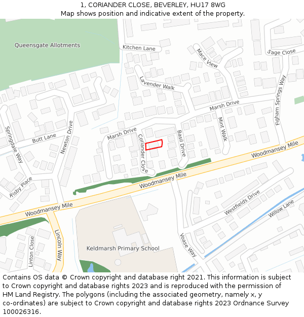 1, CORIANDER CLOSE, BEVERLEY, HU17 8WG: Location map and indicative extent of plot