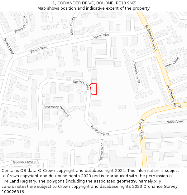 1, CORIANDER DRIVE, BOURNE, PE10 9NZ: Location map and indicative extent of plot