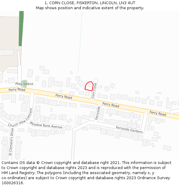 1, CORN CLOSE, FISKERTON, LINCOLN, LN3 4UT: Location map and indicative extent of plot