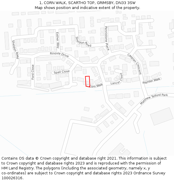 1, CORN WALK, SCARTHO TOP, GRIMSBY, DN33 3SW: Location map and indicative extent of plot