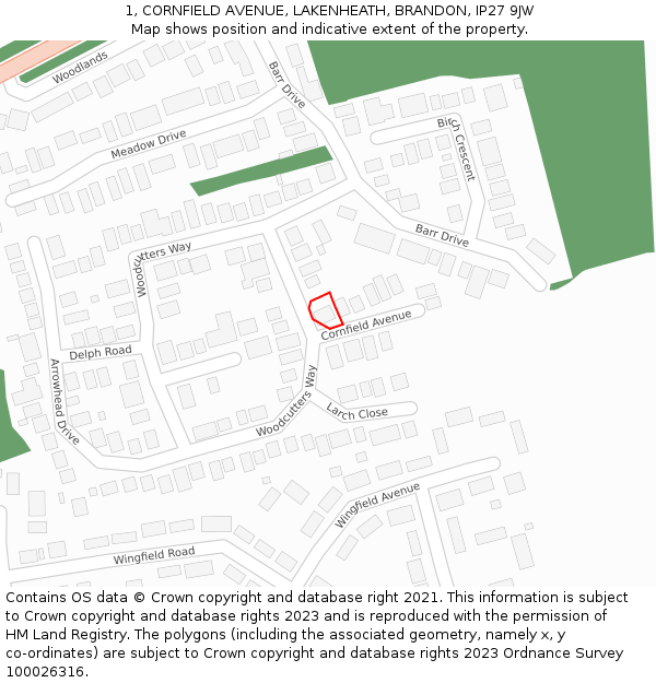 1, CORNFIELD AVENUE, LAKENHEATH, BRANDON, IP27 9JW: Location map and indicative extent of plot