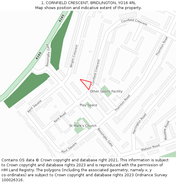 1, CORNFIELD CRESCENT, BRIDLINGTON, YO16 4RL: Location map and indicative extent of plot