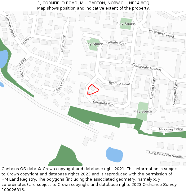 1, CORNFIELD ROAD, MULBARTON, NORWICH, NR14 8GQ: Location map and indicative extent of plot
