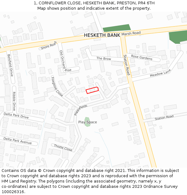 1, CORNFLOWER CLOSE, HESKETH BANK, PRESTON, PR4 6TH: Location map and indicative extent of plot