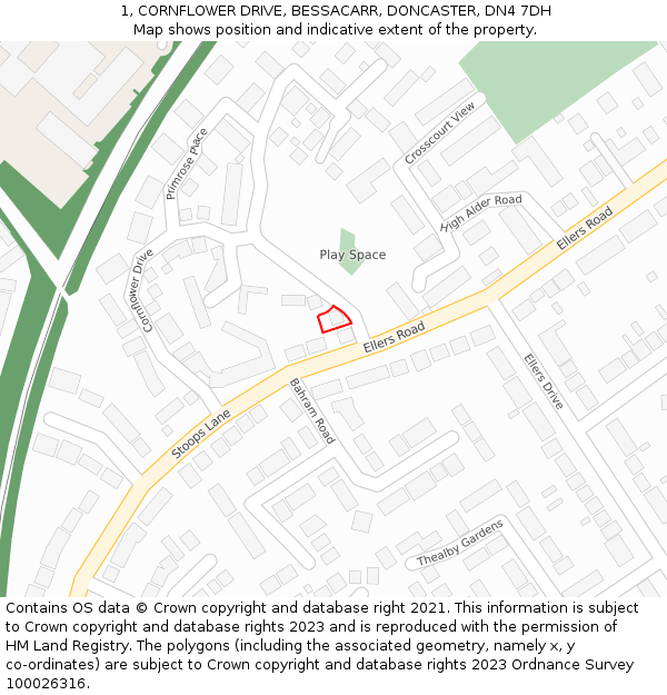 1, CORNFLOWER DRIVE, BESSACARR, DONCASTER, DN4 7DH: Location map and indicative extent of plot