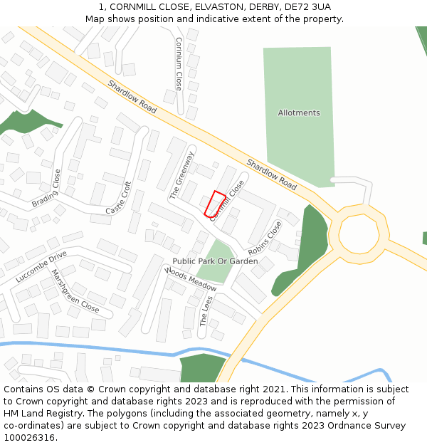 1, CORNMILL CLOSE, ELVASTON, DERBY, DE72 3UA: Location map and indicative extent of plot