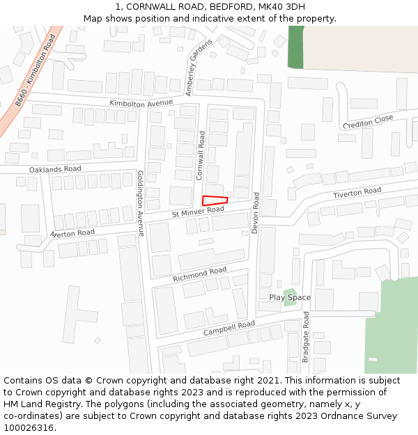 1, CORNWALL ROAD, BEDFORD, MK40 3DH: Location map and indicative extent of plot